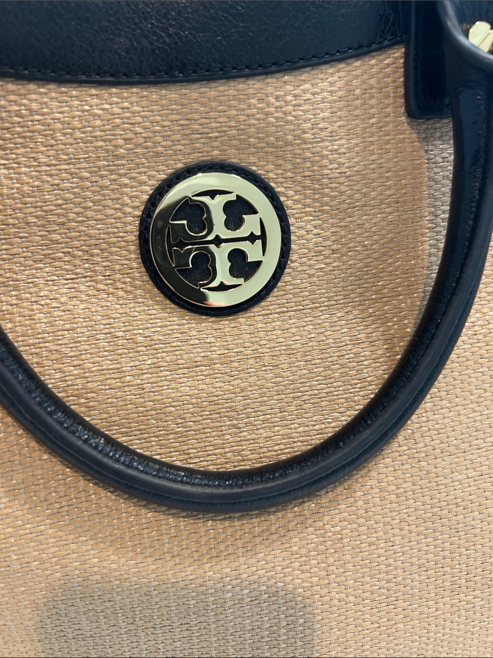 Tory Burch Black and Natural Tote with Logo Medallion